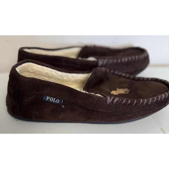EUC Polo Ralph Lauren Dezi With Gold Polo Pony Brown Men's Fleece slippers SZ 11 - Picture 3 of 8